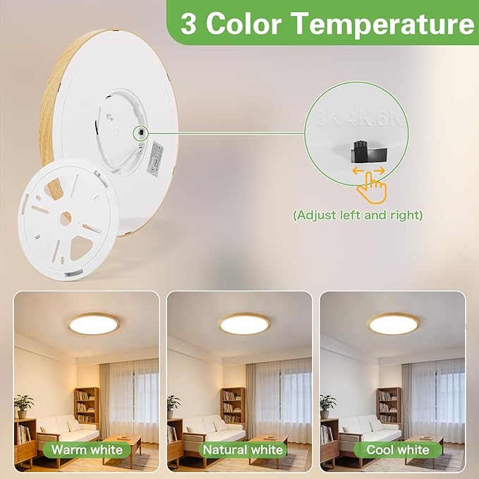 Kimjo 2 Pack 12 Inch 24W Modern Flush Mount Ceiling Light, 3 Color Temperature Wood Grain Flat Ceiling Light Fixture Led Lights for Bedroom Kitchen Bathroom Hallway