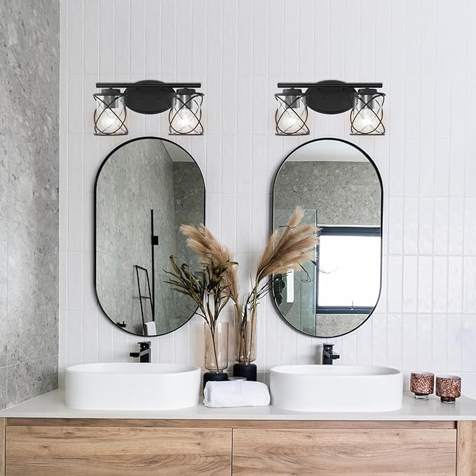 mavcadonf 2-Lights Vanity Lights, Bathroom Light Fixtures Over Mirror, Matte Black Vanity Light, Farmhouse Wall Lights with Clear Glass Shade, Bathroom Wall Lamp for Mirror Kitchen Bedroom