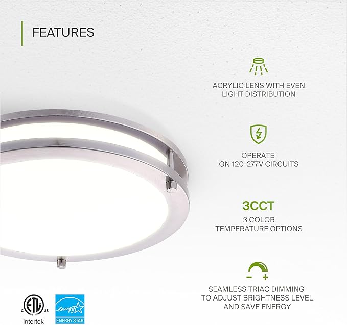 ASD LED 14" Round Flush Mount Lighting, Close to Ceiling Light Fixture | 3CCT, Dimmable, Energy Star, ETL Listed | 21W 1725LM 3000-5000K 100-277V | Low Profile Double Ring Lamp | Nickel