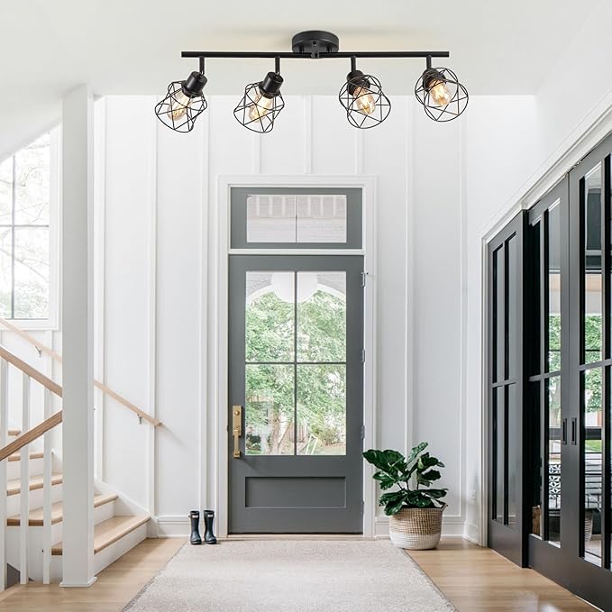 4-Lights Black Semi Flush Mount Ceiling Light, Adjustable Multi-Directional Light Fixtures,Rotatable Farmhouse Light Fixture with Metal Cage for Dining Room,Living Room,Kitchen