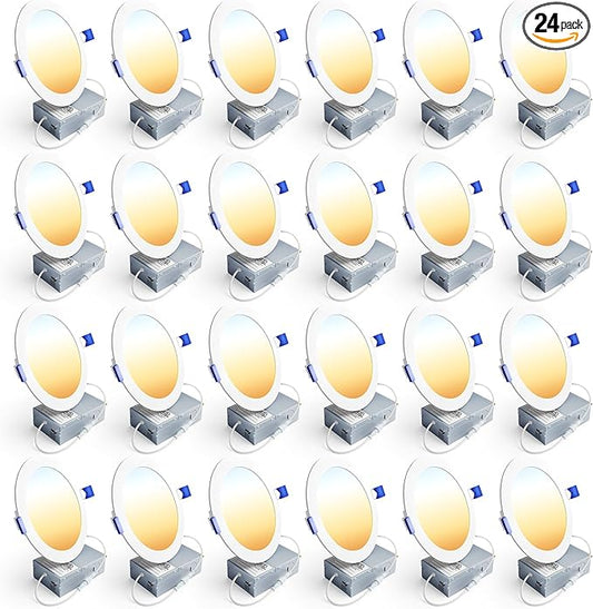 Ensenior 24 Pack 6 Inch LED Recessed Ceiling Light, Dimmable, 2700K-5000K 5CCT, 1200LM 12W 120V, High Brightness Canless Wafer Downlight - ETL&FCC&IC