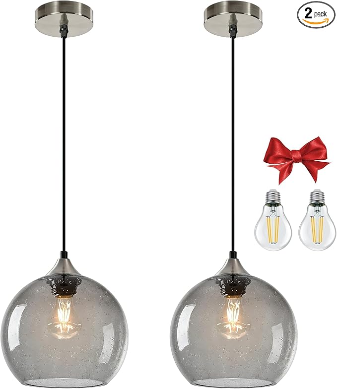 9.1in Large Light Gray Glass Pendant Light for Kitchen Island, 2-Pack with Extra LED Bulbs & 4.92ft Adjustable Cord | Modern Minimalist Lighting for Dining Room, Living Room, Entryway