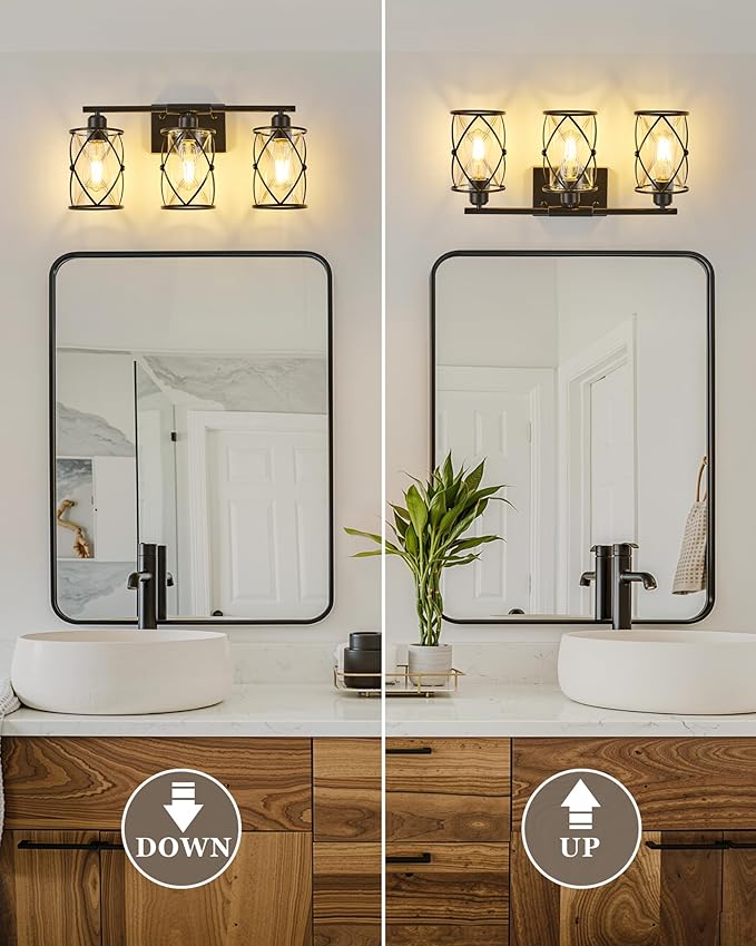 3-Light Black Bathroom Light Fixtures, 21 Inch Modern Bathroom Vanity Lighting Fixtures Over Mirror with Clear Glass and Metal Cage Wall Sconce Lights for Bath, E26, CH9176BK-3W