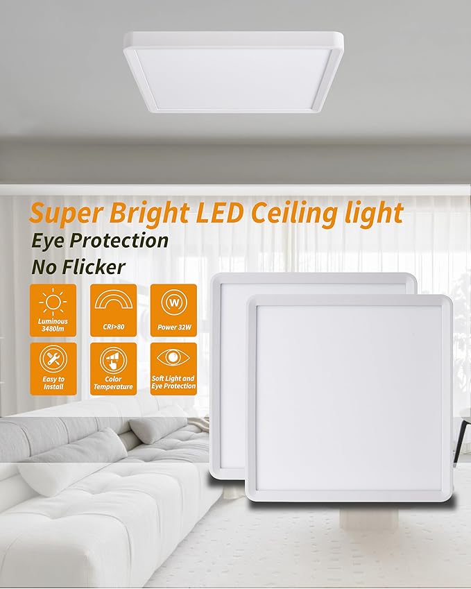 Square Led Flush Mount Ceiling Light,16 Inch 40w 3820lm led Light 3000k,4000k,6000k CCT Selectable,Flat Panel Super Slim Led Ceiling Light Fixture,for Living Dining Kitchen Bedroom Room (2Pack-White)