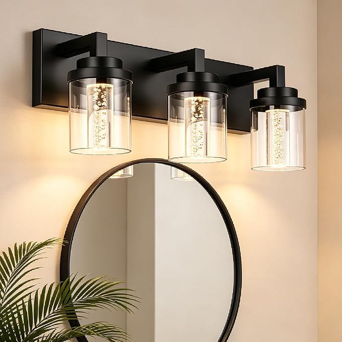 MELUCEE 3-Light LED Bathroom Lighting Fixtures Over Mirror Modern Bathroom Vanity Light Fixtures 5CCT Black Vanity Light Above Mirror with Bubble Crystal and Clear Glass Shade, Built-in LED Chips