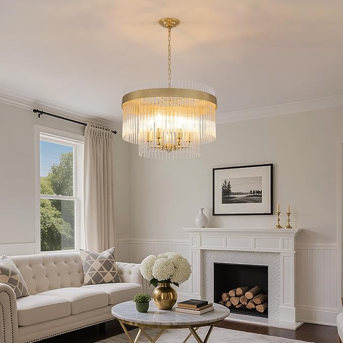 Dijiahua Modern Gold 23.6”Round Chandelier for Dining Room,6-Light Pendant Lights Kitchen Island 1 Pack,2-Tiers Luxury Brushed Brass Adjustable Cord Ceiling Hanging Lamp for for Entryway Living Room