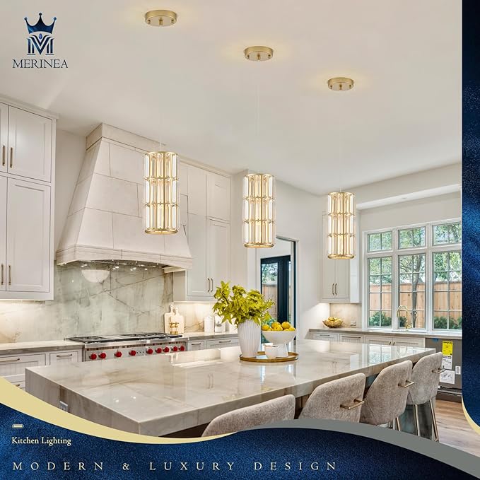 Gold Crystal Pendant Lights 3-Pack, Modern Mini Pendant Light Fixture with Adjustable Cord, Luxury Hanging Light for Kitchen Island, Dining Room, Bedroom, Hallway, Bar