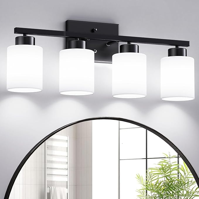 PARTPHONER 4-Light Matte Black Bathroom Light Fixtures, Modern Vanity Light Over Mirror Lighting, Wall Sconce with Frosted Milky White Glass Shades for Bedroom Living Room Kitchen Hallway