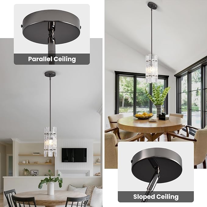 Modern Crystal Pendant Light for Kitchen Island, Pearl Black Luxury Mini Water Ripple Glass Chandelier Lights Fixture, Square Adjustable Hanging Pendant Lighting for Dining Room Bedroom (3-Pack)