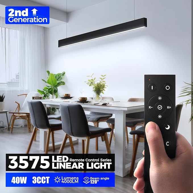 Barrina 3575 Remote Series LED Linear Light Fixture with Remote, 2nd-Generation, 4FT 40W Seamless Connection, 3000K-6000K Color Changing, Dimmable Pendant Light for Home Office, Black, 4 Pack