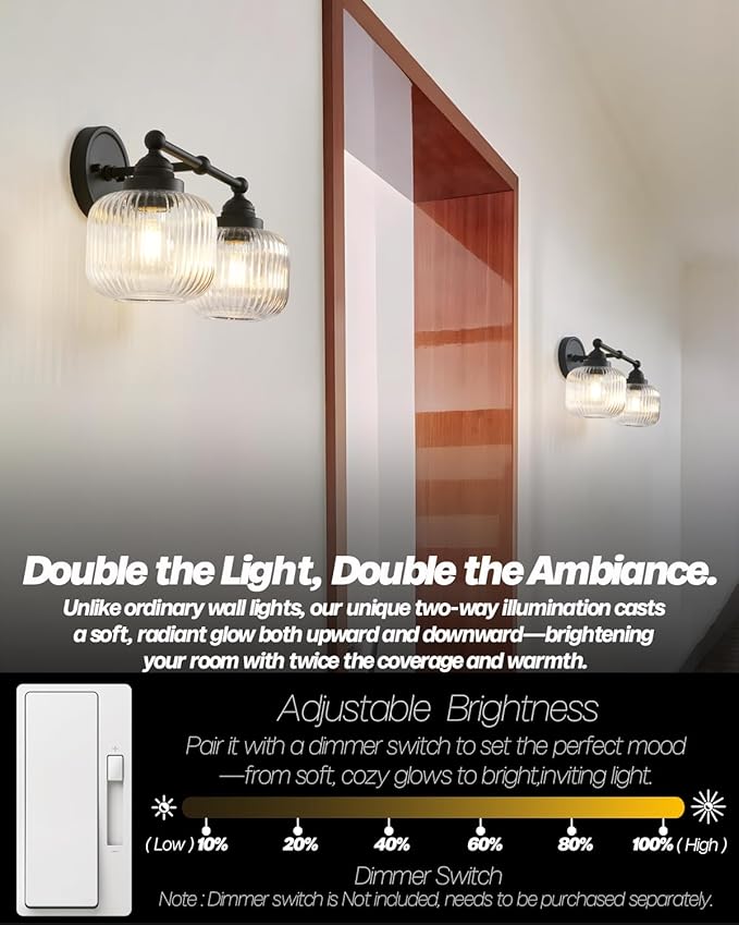 Vintage 2-Lights Clear Ribbed Glass Wall Sconce Lighting Black Finished, Double Head Bathroom Vanity Light Fixture for Bedroom Living Room Dining Room Hallway