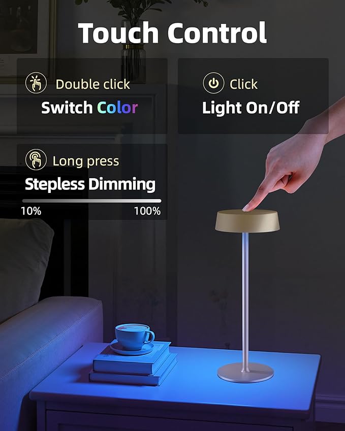 Cordless Lamp, Rechargeable Table Lamp, Battery Operated, RGB Dimmable Touch Control, 3 Color Temperatures, LED Memory Function, Portable Outdoor Waterproof, Restaurant Dining Patio Kitchen, Gold 1Pc