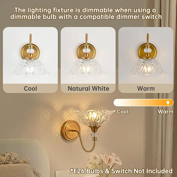 1 Piece Vintage Wall Sconce with Floral Clear Glass Shade, Matte Brass Finish Wall Mount Lighting for Bathroom,Vintage Bathroom Vanity Light Fixtures
