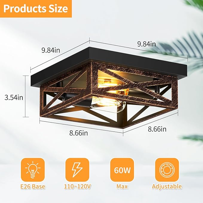 ZHU YAN Flush Mount Ceiling Light,2-Light Farmhouse Light Fixtures,Square Hallway Light Fixtures,Rustic Black Ceiling Light Fixture for Kitchen Hall Entryway Hallway (2 Pack)
