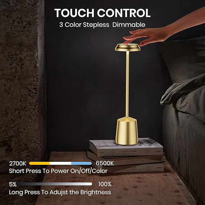 Aluminum LED Cordless Gold Table Lamps Set of 2, Portable Rechargeable 5000mAh Battery Operated Table Light, 3 Color Stepless Dimming Touch Control, Desk Lamp for Dinner/Restaurant/Bars/Coffee Shop