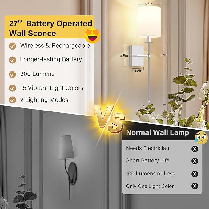 27 Inch Battery Operated Wall Sconces Set of 2 with Remote, Brushed Nickel Rechargeable Wireless Wall Lights with White Fabric Shade, Cordless Wall Lamps with Dimmable Detachable Bulbs for Bedroom