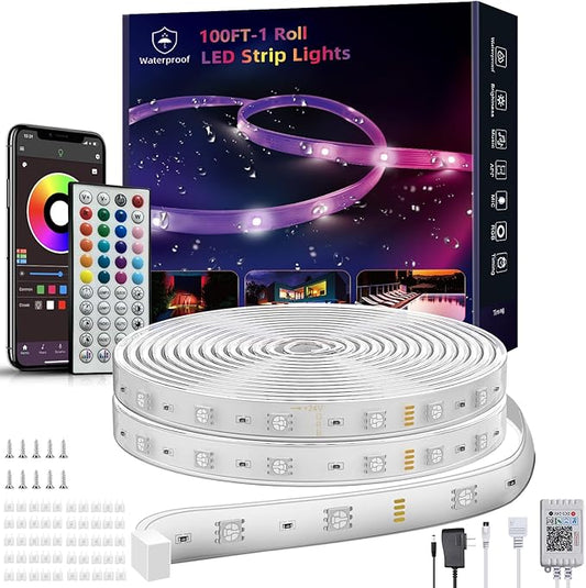 Ledagic Outdoor Led Strip Lights Waterproof 100ft (1 Roll), Ip65 Outside Led Light Strip Waterproof with Remote and App Control, Exterior Led Rope Lights Music Syne RGB Strip Lights for Bedroom Decor