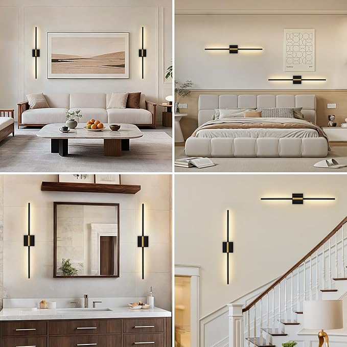 Battery Operated Wall Sconces Set of Two - Wireless Rechargeable Wall Light with Remote - Black Gold LED Wall Lamp Dimmable Modern Home Decor for Bedroom Living Room 31.5 Inch (2 Pack)
