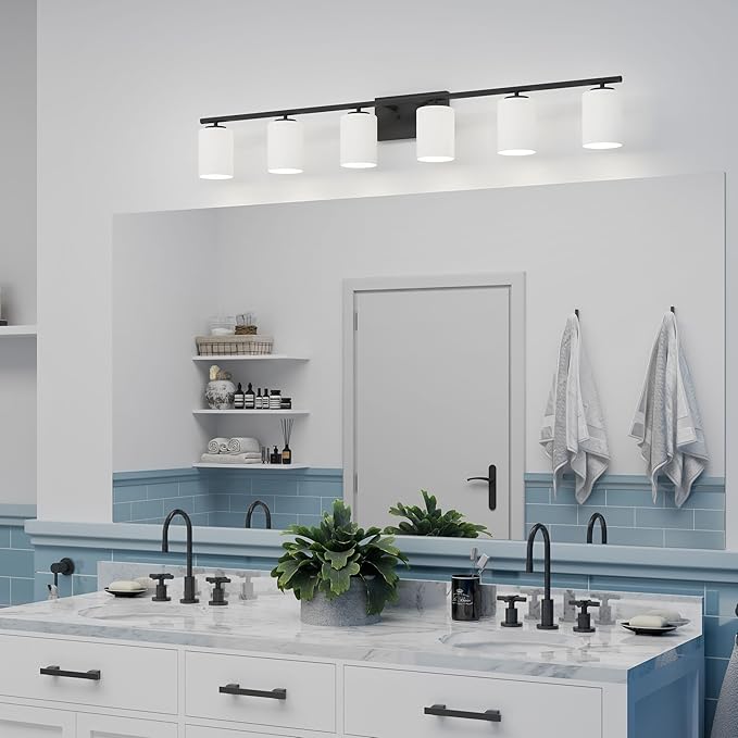Progress Lighting Replay Collection 48 in. 6-Light Textured Black Etched White Glass Modern Bath Vanity Light