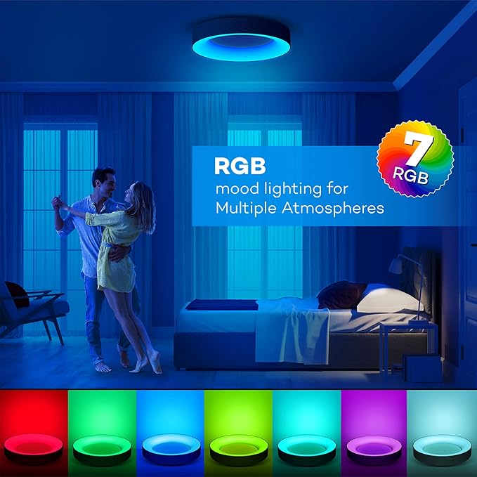 Annaror RGB Led Flush Mount Ceiling Light with Remote Control, 11 Inch 24W Black Ceiling Light Fixture, 3000K-6500K Light Color Changeable, Modern Ceiling Lights for Bedroom Kids Room
