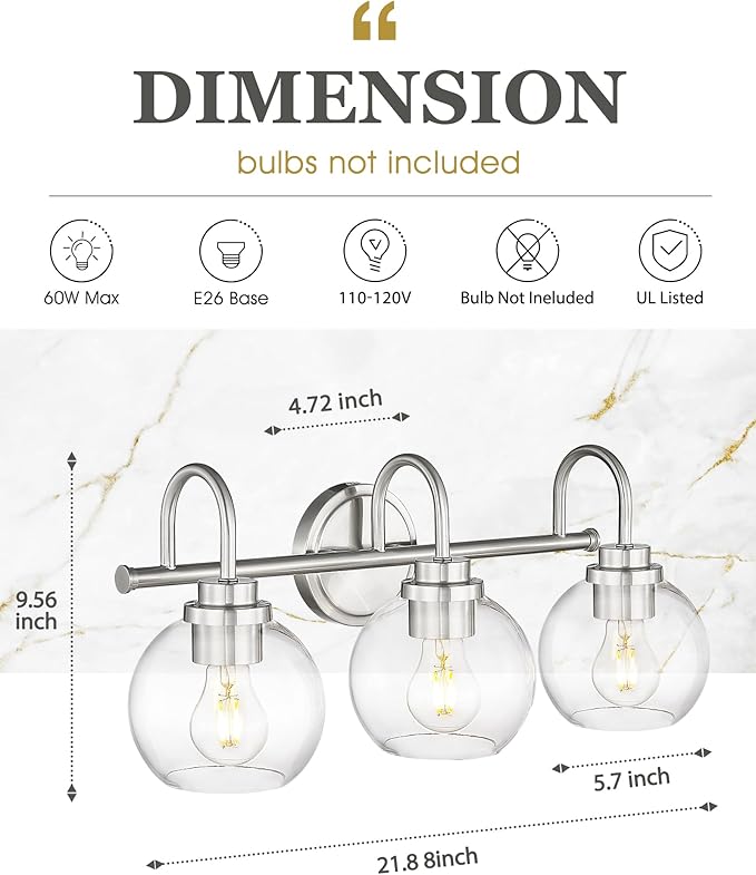 Bathroom Light Fixtures, 3-Light Brushed Nickel Vanity Lights Over Mirror with Globe Clear Glass, Modern Vanity Lighting Fixtures, AD-22280-3W-SN