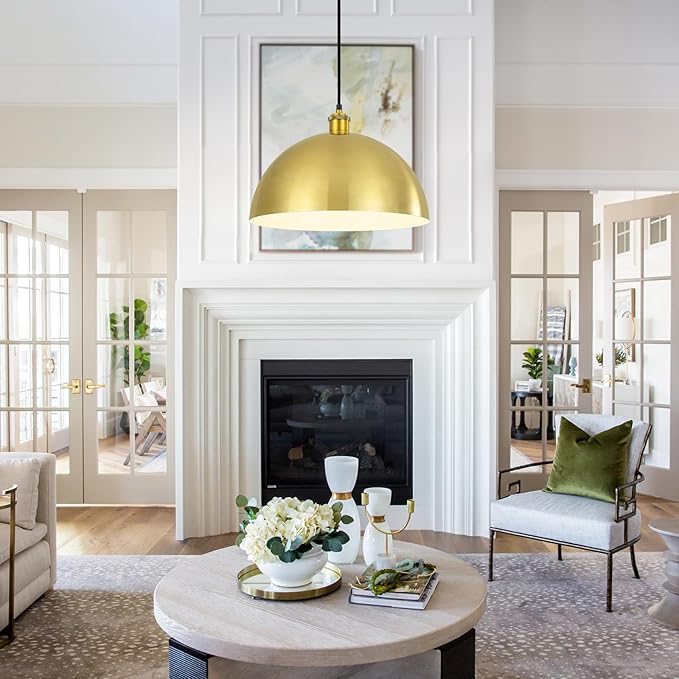Gold Pendant Light, 12" Farmhouse Ceiling Light with Gold and White, Elegant Semi-Circular Shade Design, Adjustable Height Industrial Dome Pendant Lights for Kitchen Island, Dining Room
