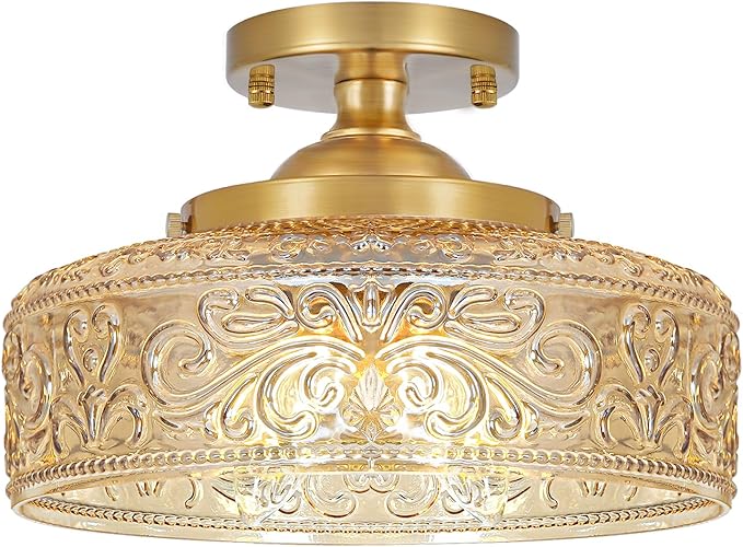 Gold Semi Flush Mount Ceiling Light, 3-Light Close to Ceiling Light with Amber Glass, Vintage Hallway Lights, Brass Closet Light Fixture, Kitchen Flush Ceiling Mount for Entryway Bedroom Bathroom,E12