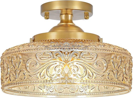 Gold Semi Flush Mount Ceiling Light, 3-Light Close to Ceiling Light with Amber Glass, Vintage Hallway Lights, Brass Closet Light Fixture, Kitchen Flush Ceiling Mount for Entryway Bedroom Bathroom,E12