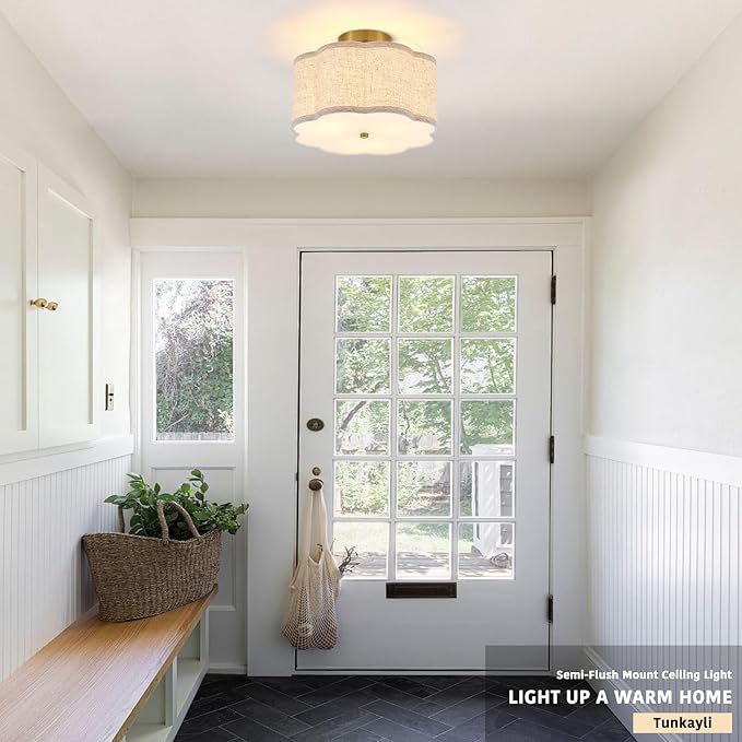 12.89" Semi Flush Mount Ceiling Light Modern 3-Lights Gold Drum Ceiling Light Fixture with Fabric Linen Shade, Vintage Modern Ceiling Lighting for Laundry Room, Kitchen, Basement, Bedroom