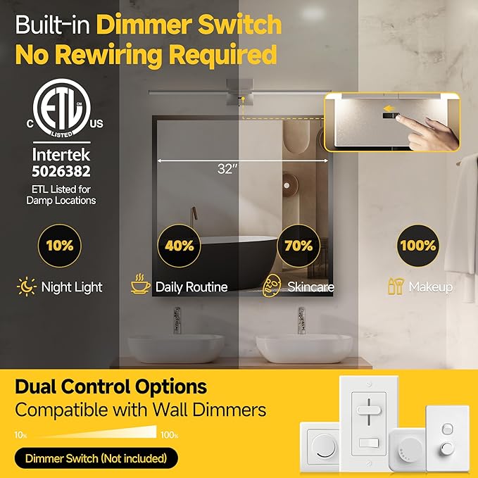 32 Inch Brushed Nickel Bathroom Vanity Light, Built-in Dimmer 2700K-6000K 1450LM LED, 360° Rotatable Bathroom Lights Over Mirror for Makeup, Shaving, Restroom, Powder Room ETL FCC