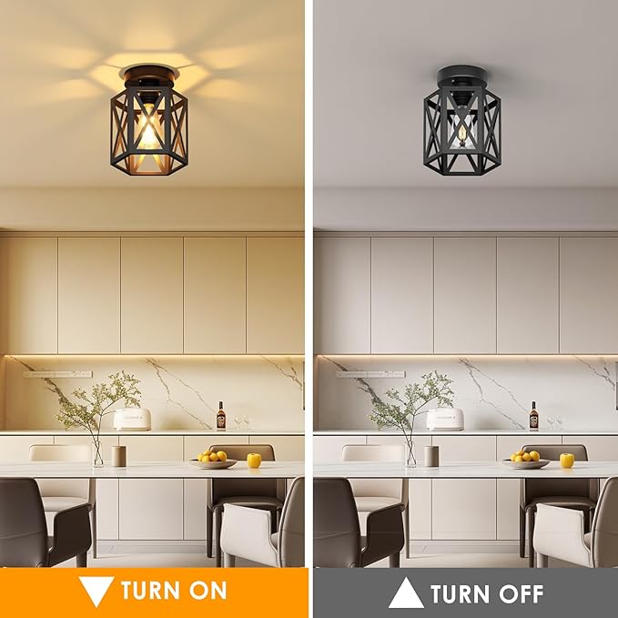 2 Pack Modern Semi Flush Mount Ceiling Light,Hexagon Flush Mount Ceiling Lights for Dining Room Light Fixture,Farmhouse Black Metal Kitchen Island Lighting Fixtures for Hallway,Bathroom