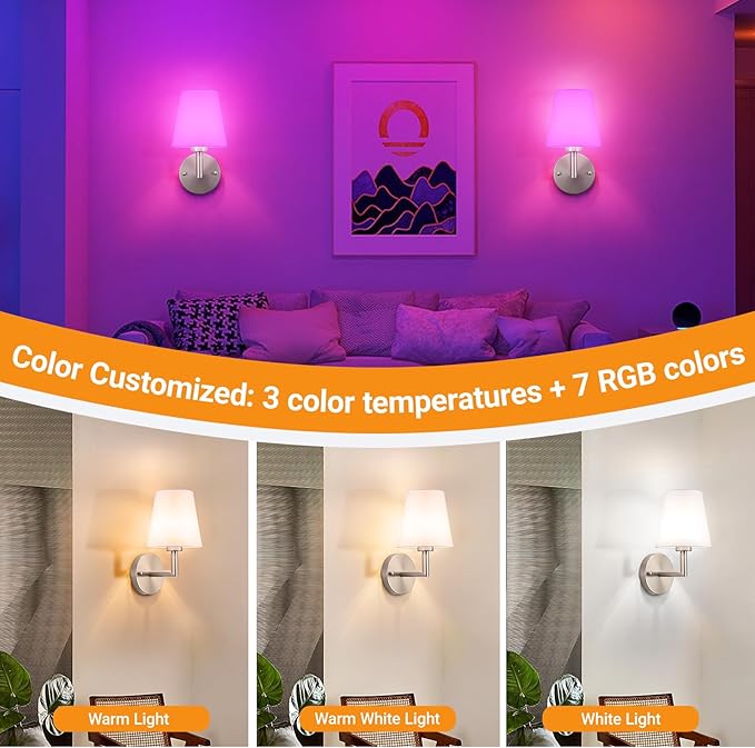 Nekhung Battery Operated Wall Sconces Set of 2, Wireless Wall Light with 10000mAh RGB Dimmable Magnetic Bulb, Rechargeable Wall Sconce with Remote Control for Bedroom Living Room