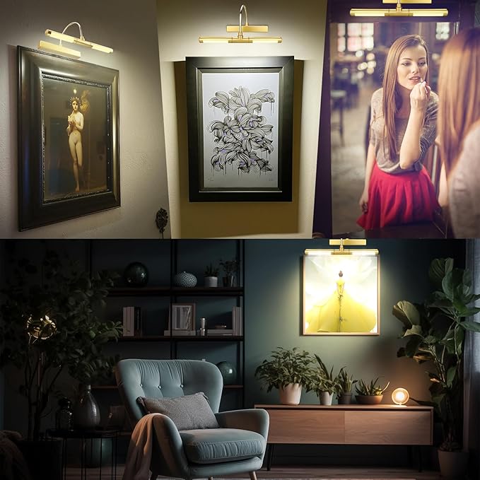 LUXSWAY Wireless Picture Lights for Paintings,Recgargeable Battery Art Display Light with Remote Control,Dimmable and Timer Off Dart Board Light with Aluminum Finish,Upgrade 12 Color Changing-Gold