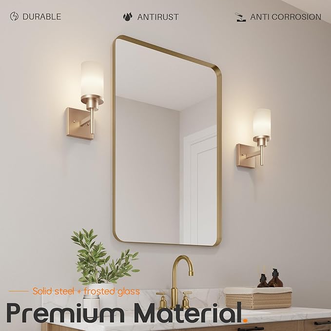 Vanity Lighting Fixtures with White Frosted Glass Champagne Bronze Wall Lamp Over Bathroom Mirror for Bedroom, Living Room, Washroom Porch T001CPG-L1