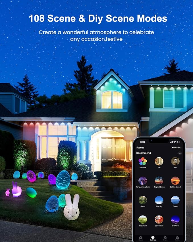 Permanent Outdoor Lights for House, 100ft with 60 LEDs Under Eaves Lighting, Smart RGBW+IC Outdoor Christmas Lights APP/Remote Control, DIY Scene, IP67 Waterproof for Holiday & Daily Decor
