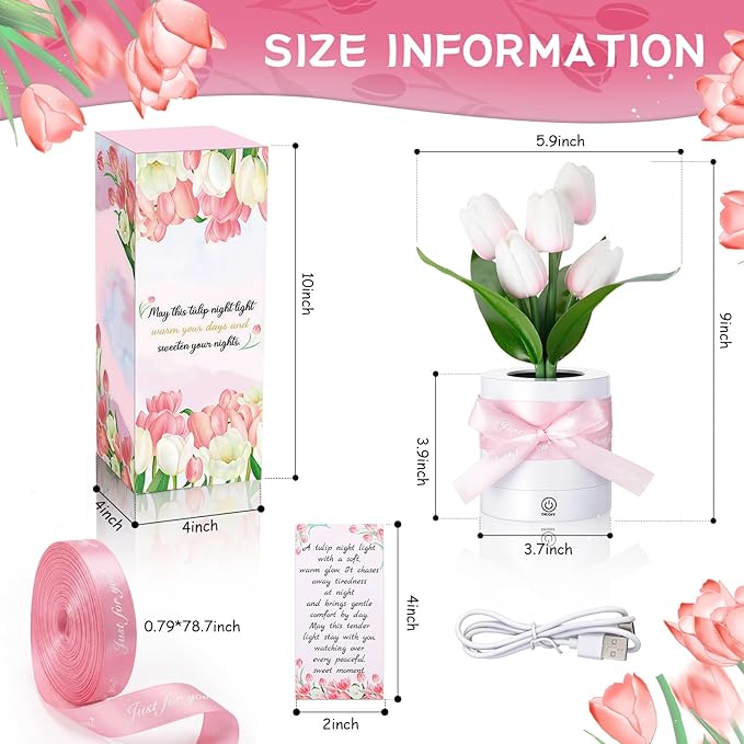 2 Sets Tulip Flower LED Lamp for Women Mothers Day Birthday Gifts for Mom, Wife Rechargeable Touch Desk LED Night Light 3-color Dimming with Card, Ribbon, Boxes for Table Centerpiece Decor