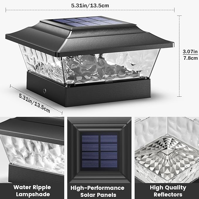 SIEDiNLAR Solar Post Lights Outdoor 12 LEDs 4 Modes Post Cap Light for 4x4 5x5 6x6 Wooden Vinyl Fence Deck Posts Patio Garden Decor, Warm/Cool White Dynamic Lighting (10 Pack, Black)