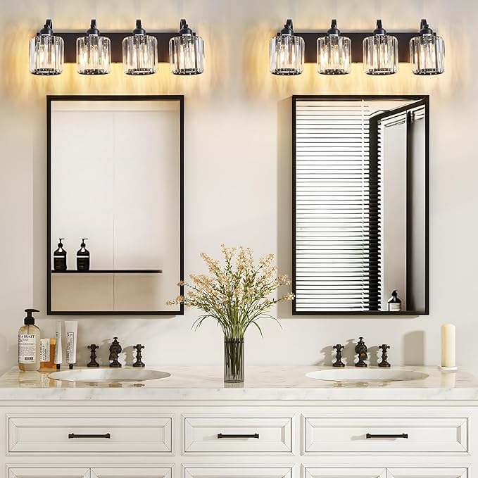 Black 4 Light Fixtures Bathroom Vanity Light Crystal Modern Vanity Over Mirror for Bathroom with Crystal Round Shade (Exclude Bulb)