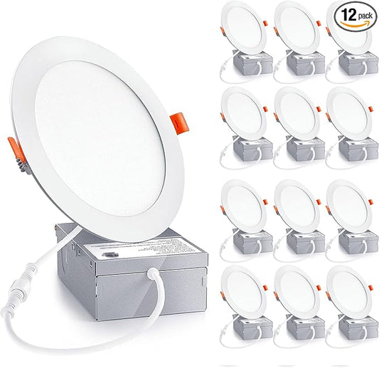 12 Pack 6 Inch Ultra-Thin LED Recessed Ceiling Light with Junction Box, LED recessed Lighting 6 inch 12W 110W Eqv, LED Downlights,1050LM High Brightness can Lights。