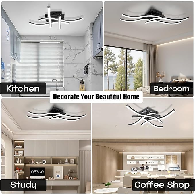 27.5Inch Modern LED Ceiling Light Fixture, 24W Curved Wave Ceiling Lamp for Bedroom, Kitchen, Hallway, Foyer Library Dining Room Black Modern Ceiling Light Fixture