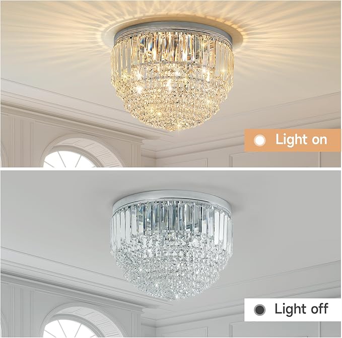 YMP&YZX 5-Lights Crystal Chandelier,15.7" Modern Ceiling Light Fixture Lamp,Flush Mount Round Metal Shade Chandelier E12 Base for Dining Room Living Room Bathroom Bedroom Chrome