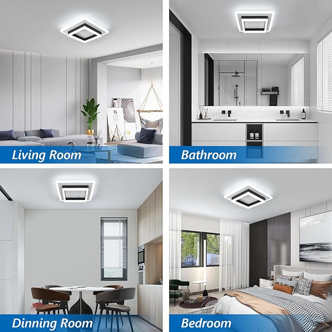 DELIPOP 30W Square Modern LED Ceiling Light, Black Flush Mount Light Fixture, 6500K Cool White Hallway Ceiling Light for Living Room Bedroom Bathroom Kitchen