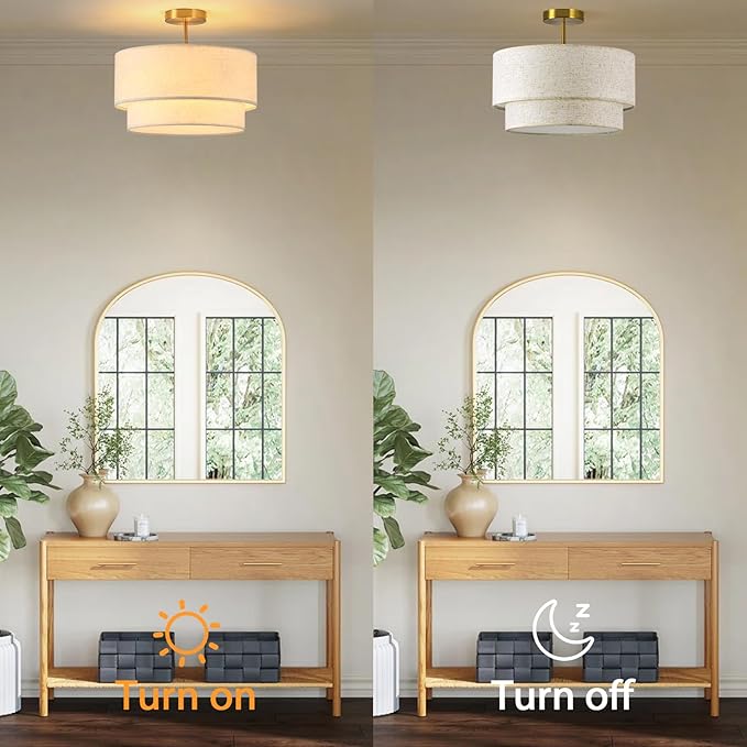 16" Drum Light, 3-Light Flush Mount Ceiling Light with 2-Tier Linen Fabric Shade, Gold Drum Light Fixture for Dining Room, Entryway, Bedroom, Kitchen, Hallway