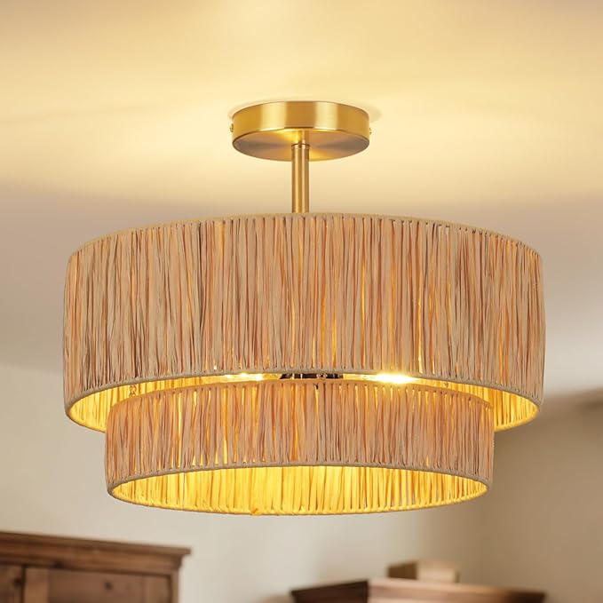 16 Inch Boho Rattan Ceiling Light, 3-Light Semi Flush Mount Ceiling Light Fixture with Handwoven 2-Tier Drum Shade, Farmhouse Coastal Paper-Woven light fixture for Bedroom, Dining Room, Living Room