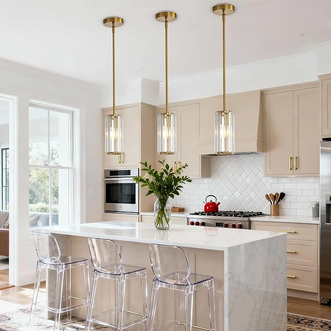 Gold Modern Pendant Light for Kitchen Island, 1-Light Mini Crystal Chandelier with E26 Base, Small Hanging Luxury Fixture for Dining Room, Bedroom, Foyer and Hallway