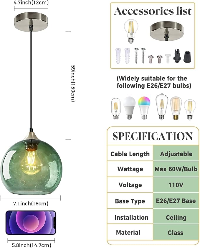 7.1in Medium Green Glass Pendant Light for Kitchen Island, 2-Pack with Extra LED Bulbs & 4.92ft Adjustable Cord | Modern Minimalist Lighting for Dining Room, Living Room, Entryway
