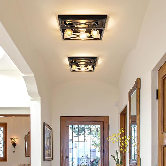 2 Pack Flush Mount Ceiling Light, Modern Farmhouse Light Fixture,Industrial Square Metal Cage Ceiling Light for Kitchen, Hallway E26 Base(13in)