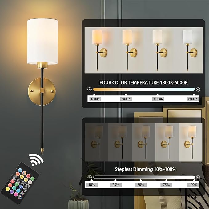 Battery Operated Wall Sconce Set of Two, Wireless Rechargeable Wall Light With Remote Control, Dimmable, 4 Color Temperatures, RGB, Timer, for Living Room,Bedroom,Entryway, Black Gold, 26.8 Inch