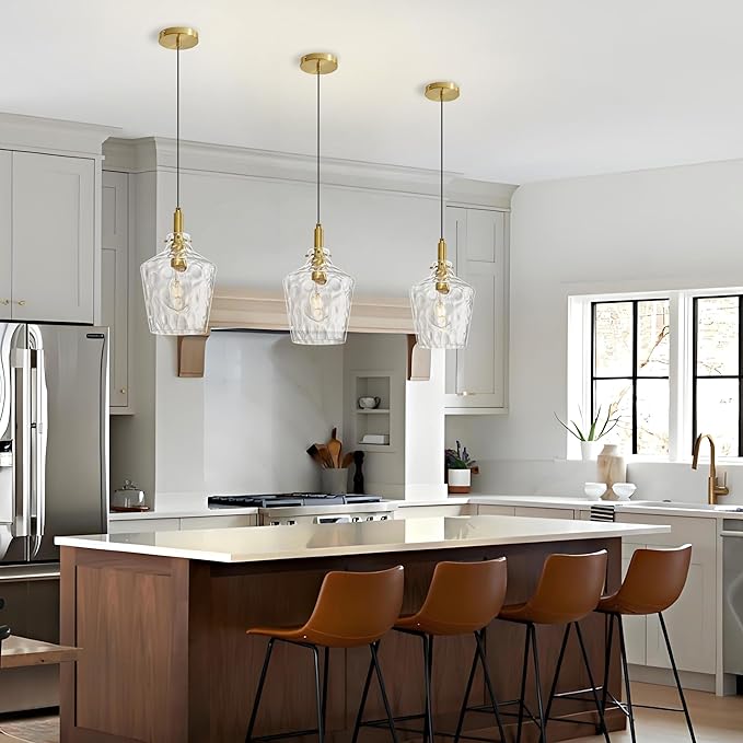 Modern Hammered Glass Pendant Lighting for Kitchen Island 1 Pack, Farmhouse Gold Pendant Light Fixtures, Height Adjustable Ceiling Pendant Light, 8 Inch