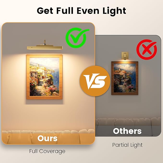Wireless Picture Lights 12'', 2 Pack 4400mAh Battery Poerered Cordless Wall Lights, 350LM Dimmable Remote Timer for Painting Artwork Living Room (Antique Gold)